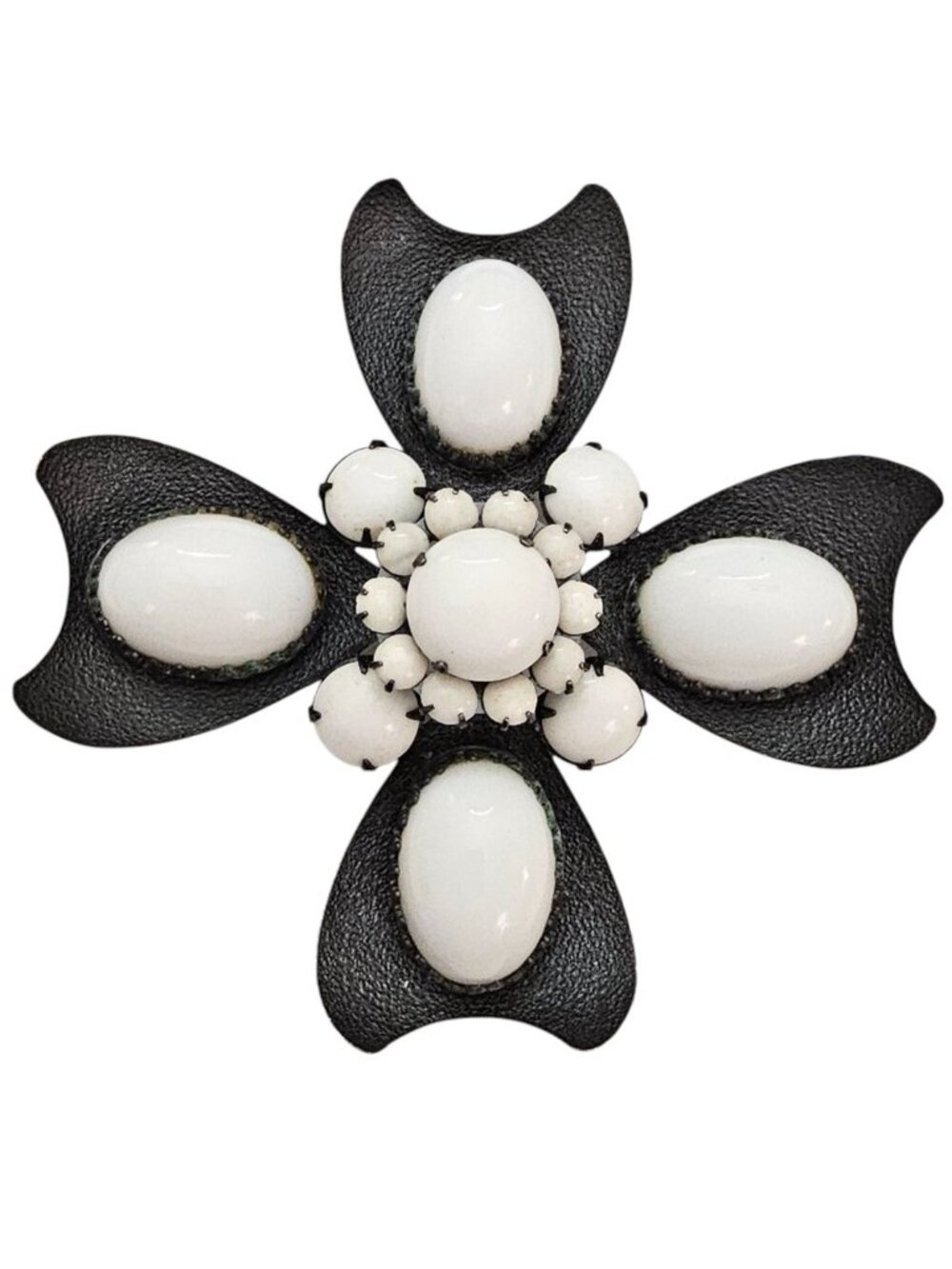 Jeanne Silver Tone White Milk Glass Cabochon Maltese Cross Brooch Signed, L982
